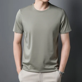 Мужская одежда, летняя футболка, хлопковая шелковая футболка с круглым вырезом, Однотонная деловая Повседневная Дышащая Крутая футболка с коротким рукавом W5579