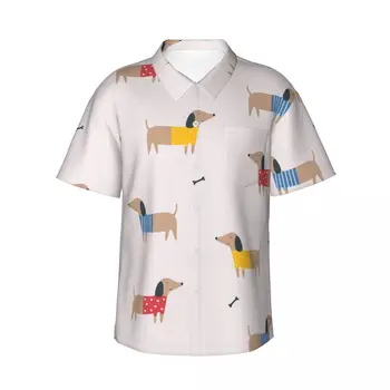 Мужская рубашка, повседневные топы с короткими рукавами и мультяшными таксами, рубашка с лацканами, летняя мужская рубашка