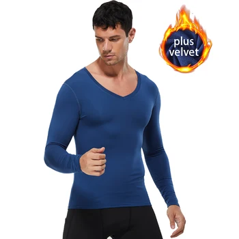 Мужская термокомпрессионная рубашка, быстросохнущая облегающая футболка с V-образным вырезом и длинным рукавом для бега, спортивная одежда для занятий в тренажерном зале, бодибилдингом