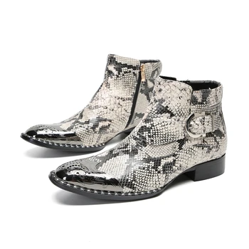 Мужские ботильоны ручной работы из высококачественной змеиной кожи, натуральная кожа, стальной металлический носок, модные ковбойские ботинки Челси, модельная повседневная обувь