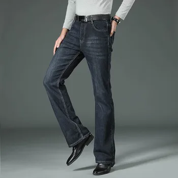 Мужские повседневные расклешенные джинсы для работы, эластичные модные расклешенные джинсы, джинсовые брюки в корейском стиле, черные, синие, Бесплатная доставка