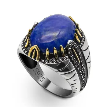 Мужское обручальное кольцо из настоящего серебра 925 пробы, натуральный лазурит, синий камень, винтажное кольцо ручной работы