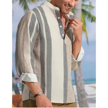 Мужской топ для отдыха, модная свободная пляжная повседневная рубашка в полоску с длинным рукавом и V-образным вырезом, модная мужская одежда