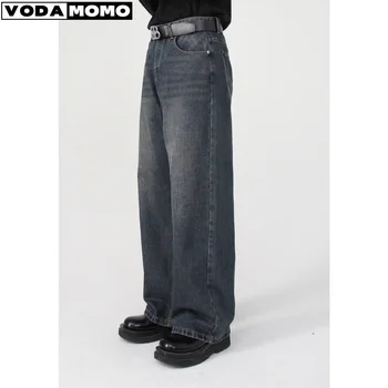 Мужчины Базовый стиль, Выстиранный Деним, Винтажные Синие Свободные Повседневные прямые джинсовые брюки, мужская Корейская уличная одежда, модные джинсовые брюки