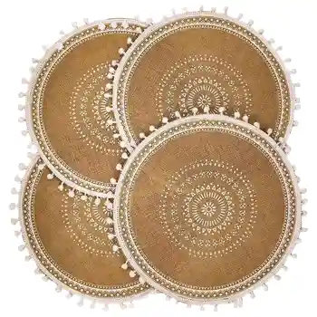 Набор круглых салфеток из 4 тканых джутовых ковриков в стиле бохо с кисточкой-помпоном для декора кухонного стола в столовой (белый шар)