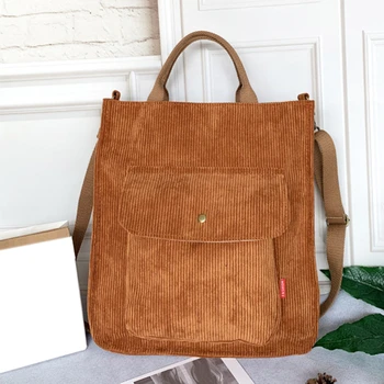 Новая вельветовая сумка через плечо, женские винтажные сумки для покупок, студенческие сумки на молнии, повседневная сумка-тоут с наружным карманом