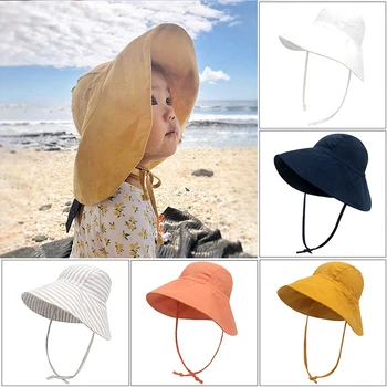 Новая детская солнцезащитная шляпа с большими полями на лето и весну, детские кепки-ведерки для девочек и мальчиков, Хлопчатобумажные льняные Детские Панамы для пляжных путешествий от ультрафиолета