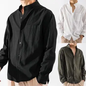 Новая льняная рубашка Для мужчин, свободное мужское пальто с длинным рукавом, хлопковый льняной повседневный топ для мужчин