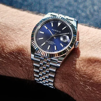 Новая мода Parnis 39,5 мм Синий циферблат Механические Автоматические мужские часы Браслет из нержавеющей стали Календарь Мужские часы reloj hombre