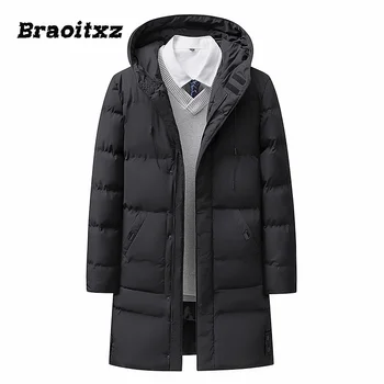 Новинка 2023 года, мужская осенне-зимняя простая Повседневная теплая свободная куртка, пальто, Дышащий пух средней длины с капюшоном