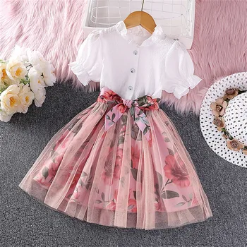 Новое модное летнее праздничное платье для девочек, Белая футболка и кружевная двухслойная юбка с большим цветочным рисунком, платья в стиле пэчворк для детей