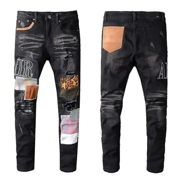 Новое поступление мужской моды, Черная потертая тонкая уличная одежда, Поврежденная Узкая бандана с высокой эластичностью, Рваные джинсы