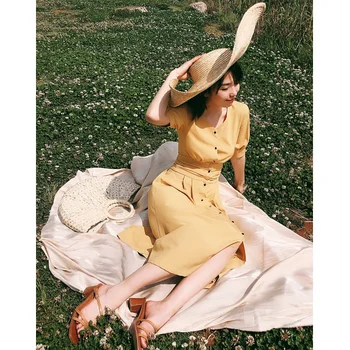 Новое французское элегантное праздничное желтое платье в стиле ретро с V-образным вырезом и коротким рукавом