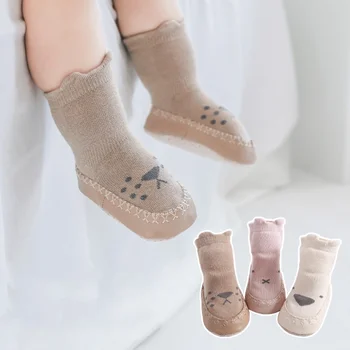 Обувь Для прогулок для малышей, силиконовые нескользящие носки в пол, носки с милыми мультяшными ушками, носки для новорожденных 0-2 лет