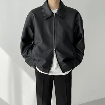 Осенняя черная кожаная куртка, мужские модные кожаные куртки оверсайз, мужская уличная одежда, Корейская Свободная куртка-бомбер в стиле хип-хоп, Мужское пальто