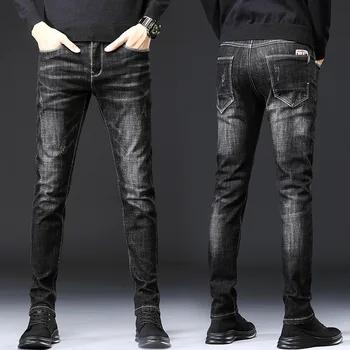 Осень-зима 2023, Новые Тонкие мужские повседневные микроэластичные джинсы со средней талией, черные модные уличные трендовые брюки, брюки-карандаш, одежда