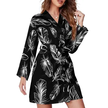 Пижамный халат с принтом из перьев, V-образный вырез, черно-белые модные платья, женские повседневные свободные халаты с длинными рукавами, пижамы на заказ