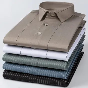 Повседневная мужская рубашка в полоску из нетканого материала с длинным рукавом для офиса