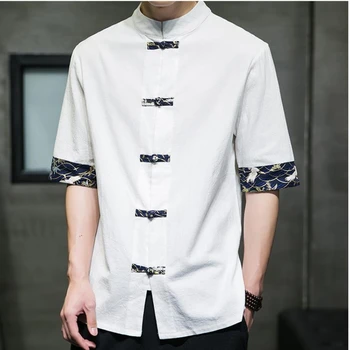 Повседневная рубашка-кимоно в японском стиле в стиле ретро, мужские топы из хлопка и льна с китайским принтом, летняя мужская уличная одежда