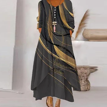 Повседневное свободное женское платье-халат из двух частей нерегулярной формы, элегантное платье-пуловер для работы в офисе, винтажное платье с длинными рукавами и принтом