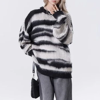 Повседневный вязаный пуловер с длинным рукавом, осенний полосатый свитер из мохерового трикотажа, женский зимний Свободный свитер с круглым вырезом, теплые женские топы, джемпер 28866