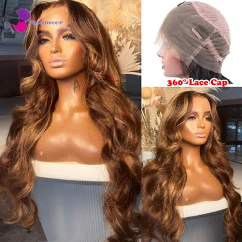 Полностью кружевные парики из человеческих волос 360 Средняя часть Бесклеевые парики из человеческих волос, предварительно выщипанные Цветные длинные парики с объемной волной для чернокожих женщин