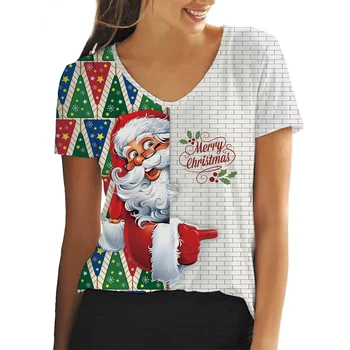 Популярный 3D-принт, пуловер с короткими рукавами, футболка с изображением кота Санта-Клауса, праздничная одежда с V-образным вырезом, обычные популярные топы