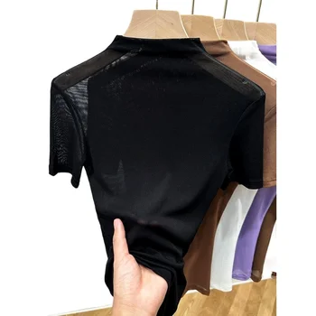 Прозрачная блузка из тюля, черная футболка с короткими рукавами, кружевной топ с высоким воротом.