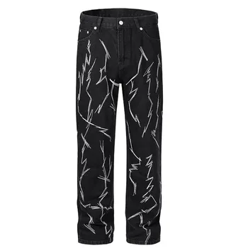Прямые Широкие джинсы с вышивкой на молнии, Мужские Свободные Черные джинсовые брюки, уличная одежда в стиле хип-хоп Y2K Jeans, брюки