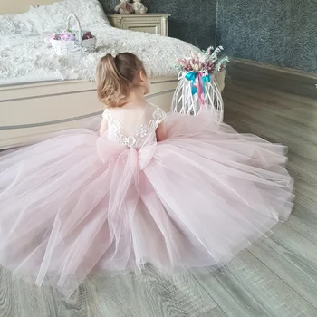 Светло-розовые платья в цветочек для девочек, фатиновые пышные аппликации С бантом, без рукавов для свадьбы, дня рождения, платья для первого причастия
