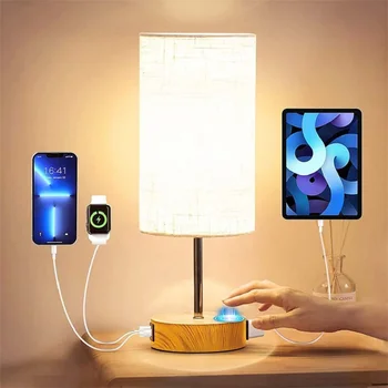 Светодиодная современная минималистичная Льняная древесина USB Настольная лампа для украшения спальни, кабинета, прикроватного столика, Сенсорное управление