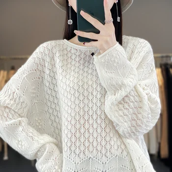 Свитер из 100% мериноса, женский вязаный пуловер с круглым вырезом, весенне-осеннее корейское модное свободное роскошное пальто высокого класса