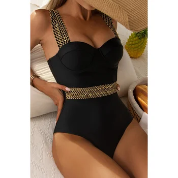Сексуальный цельный купальник Пуш-ап 2023, купальники бикини с высокой талией и черной строчкой, пляжная одежда, Бразильские купальники-монокини
