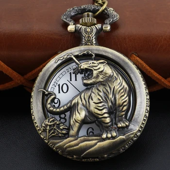 Серия Animal Zodiac Кварцевые карманные часы в форме тигра Винтажный циферблат с цепочкой Ожерелье Кулон Ювелирные часы Подарок на фестиваль