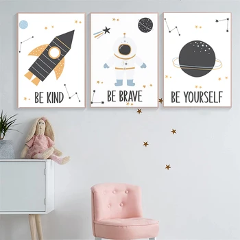 Скандинавские мультфильмы о ракетных звездах, Космический астронавт, Настенные рисунки в детской, плакаты и принты на холсте, домашний декор детской комнаты