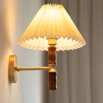 Скандинавский классический настенный светильник со светодиодным тканевым абажуром, деревянные лампы, Прикроватный светильник для спальни, гостиная, теплый декор, лестница, коридор, освещение