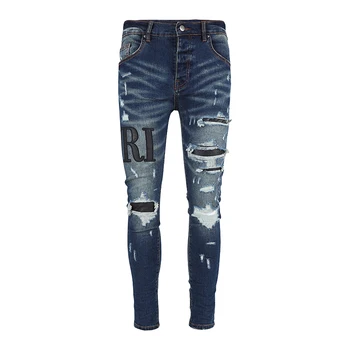 Уличная мода, мужские джинсы, темно-синие эластичные рваные джинсы, мужские стрейчевые обтягивающие брюки, Брендовые дизайнерские брюки в стиле хип-хоп, Hombre