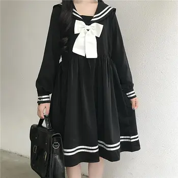 Черное платье в стиле Лолиты, женское Лоскутное платье с бантом, Свободный Японский элегантный дизайн, матросский воротник, Кавайное платье с длинным рукавом, наряд Jk для девочек