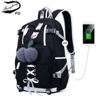 Школьный рюкзак в корейском стиле Fengdong для девочки-подростка, черный, белый, школьный рюкзак для студенток, милая сумка для книг
